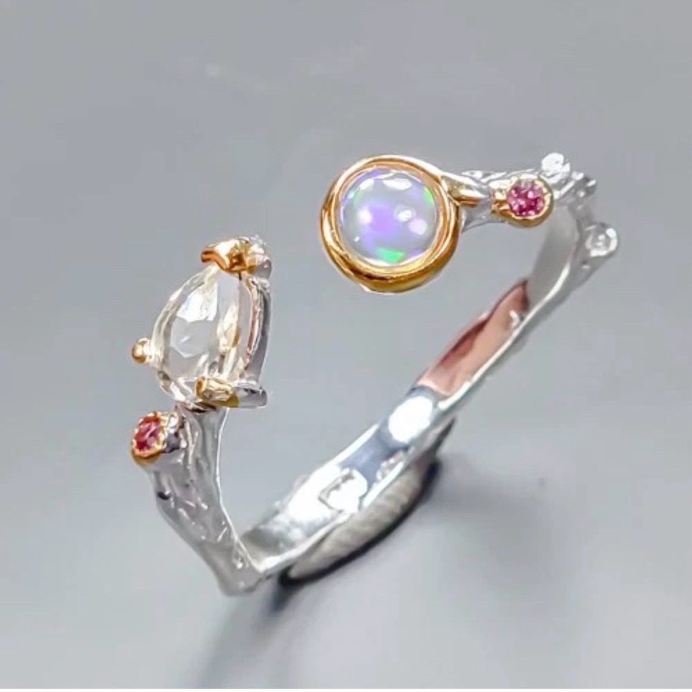 Natural Opals w/ Garnet accent in 925 Sterling Silver-14K Artsy Bypass Ring Sz 8